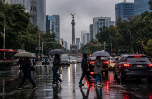 Avenida de la Ciudad de México con tráfico lento y cielo nublado durante una tarde de lluvia.