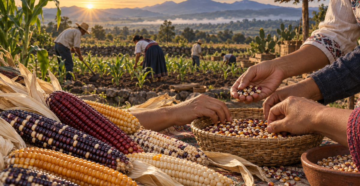 Maíces nativos de distintos colores y manos de una comunidad que seleccionan semillas en una milpa mexicana.