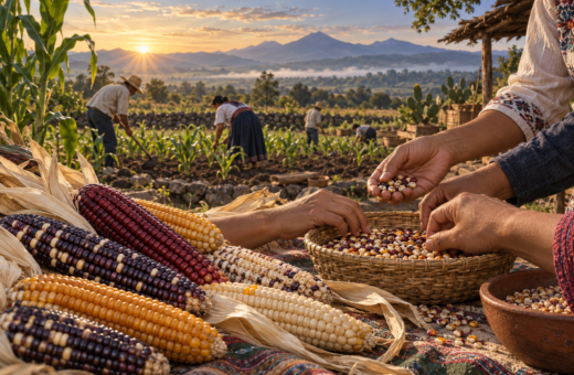 Maíces nativos de distintos colores y manos de una comunidad que seleccionan semillas en una milpa mexicana.