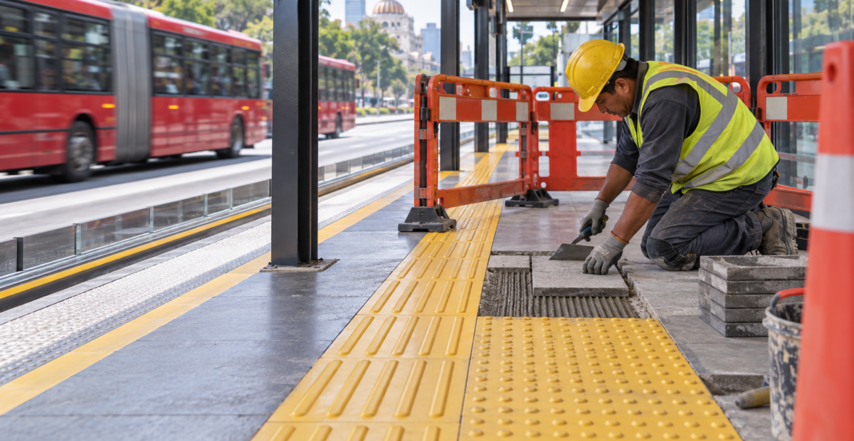 Ilustración editorial generada con IA de trabajos en una guía táctil de una estación de transporte; no documenta una estación ni un cierre real del Metrobús.