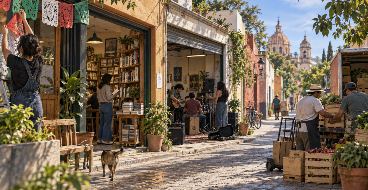 Comercios y proyectos culturales de un barrio mexicano continúan trabajando después de la celebración patria, imagen editorial sobre identidad y economía local.