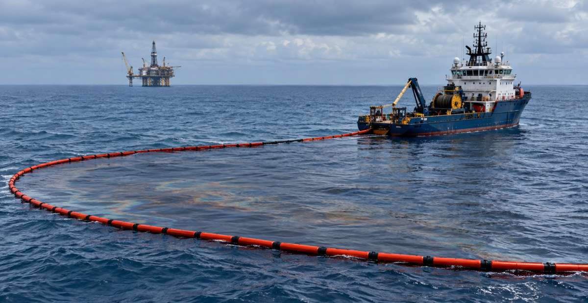 Embarcación y barreras de contención durante una operación de respuesta en el mar