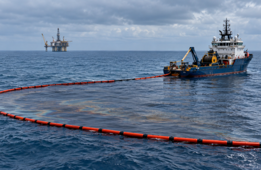 Embarcación y barreras de contención durante una operación de respuesta en el mar
