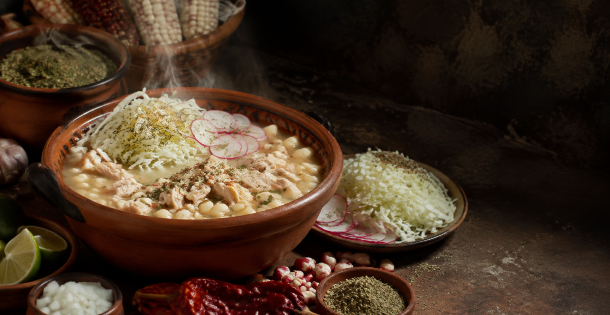 Pozole de maíz cacahuazintle servido en cazuela de barro con col, rábanos, chile y limón, como representación de su raíz mesoamericana.
