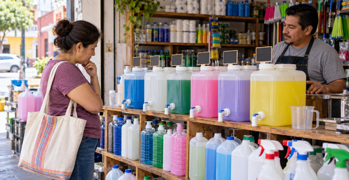 Cliente compara productos de limpieza a granel en una tienda de barrio