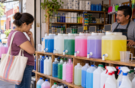 Cliente compara productos de limpieza a granel en una tienda de barrio