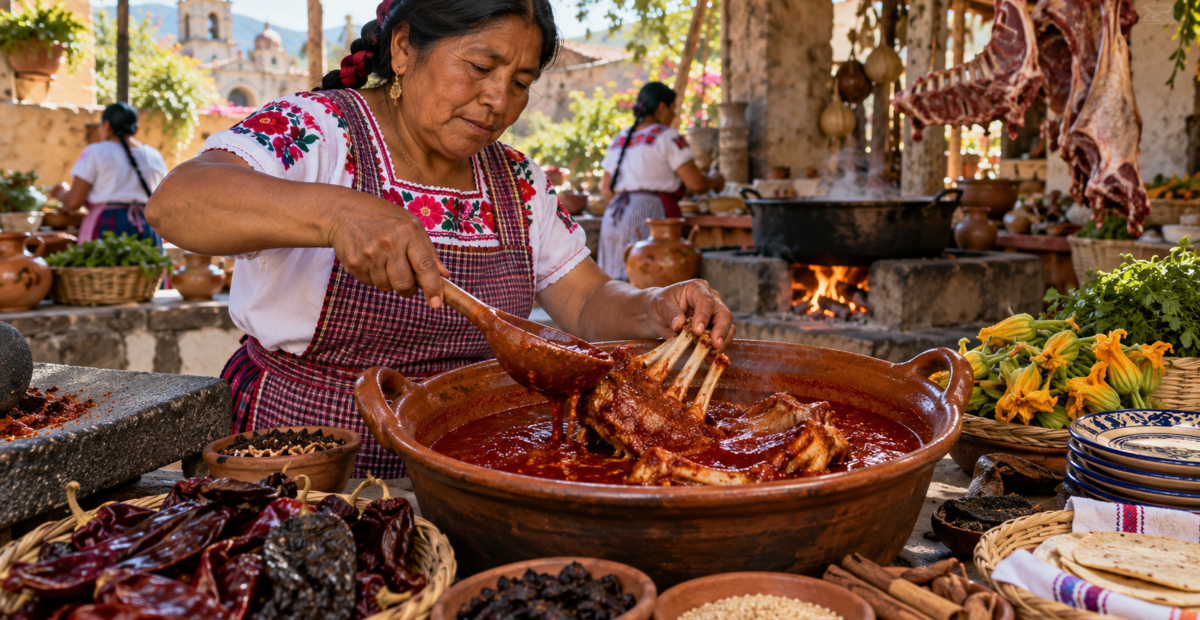 Cocinera oaxaqueña prepara mole de caderas en una cocina tradicional