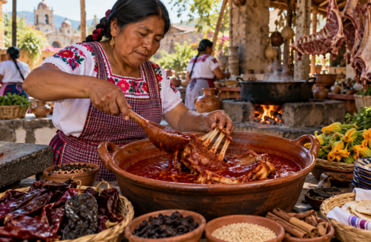 Cocinera oaxaqueña prepara mole de caderas en una cocina tradicional