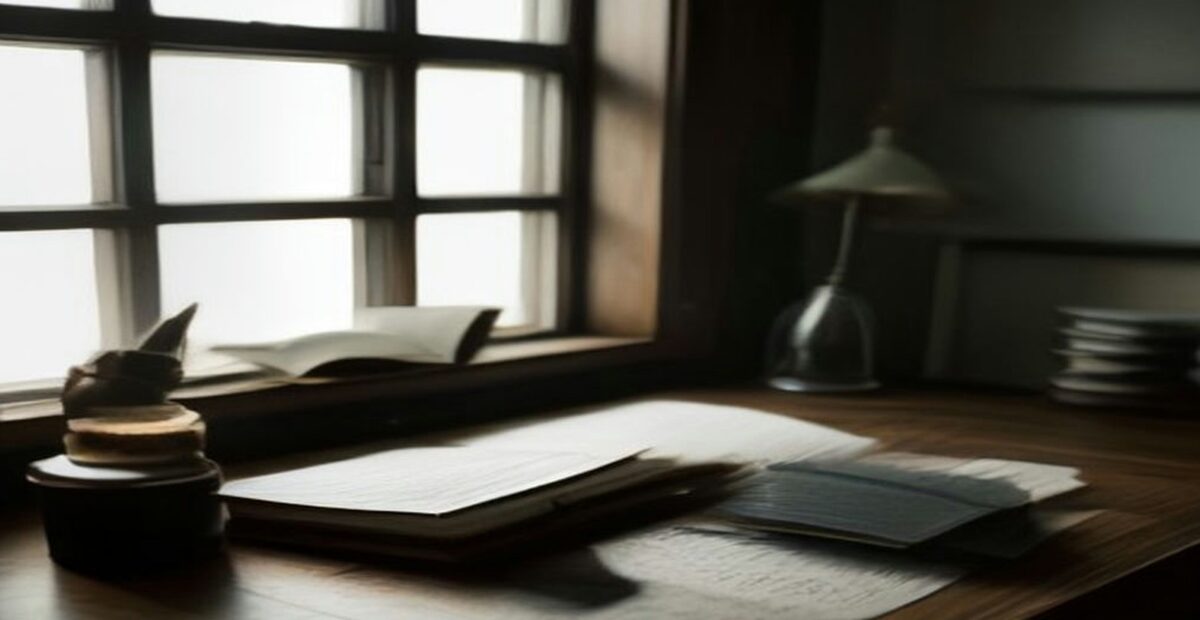 Escritorio de madera junto a una ventana con un libro abierto, papeles y una lámpara con luz suave