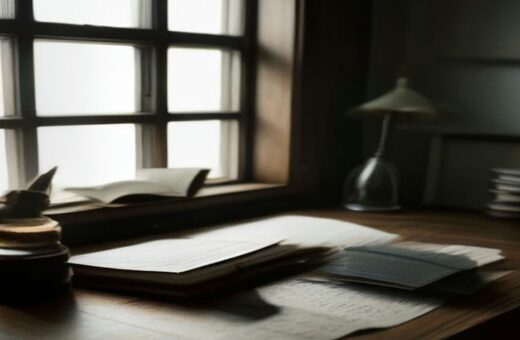 Escritorio de madera junto a una ventana con un libro abierto, papeles y una lámpara con luz suave