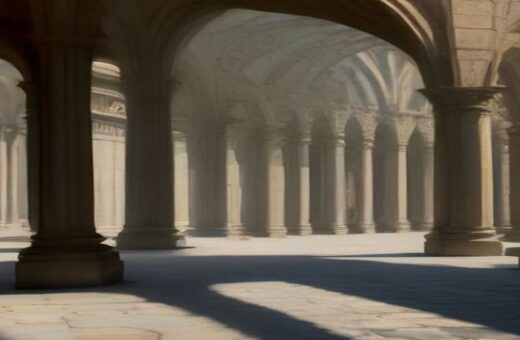 Arcos y columnas de piedra alrededor de una plaza vacía con sombras largas al amanecer