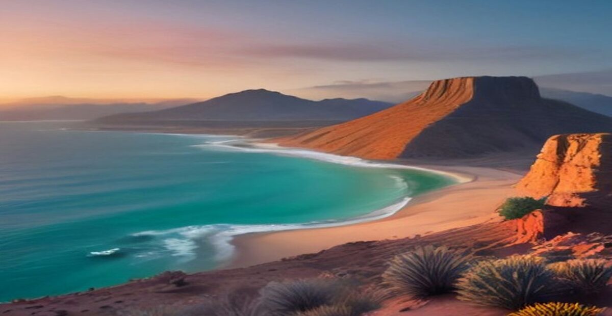 Bahía de agua turquesa y playa de arena junto a formaciones rocosas rojizas en una costa desértica al amanecer