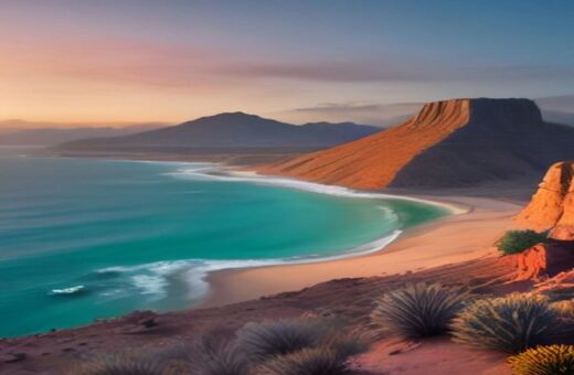 Bahía de agua turquesa y playa de arena junto a formaciones rocosas rojizas en una costa desértica al amanecer