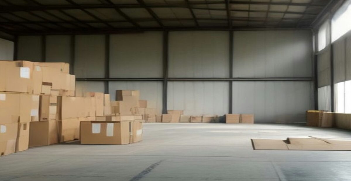 Bodega industrial vacía con cajas de cartón lisas apiladas a un lado y piso de concreto, iluminada por ventanas altas