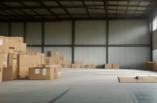Bodega industrial vacía con cajas de cartón lisas apiladas a un lado y piso de concreto, iluminada por ventanas altas