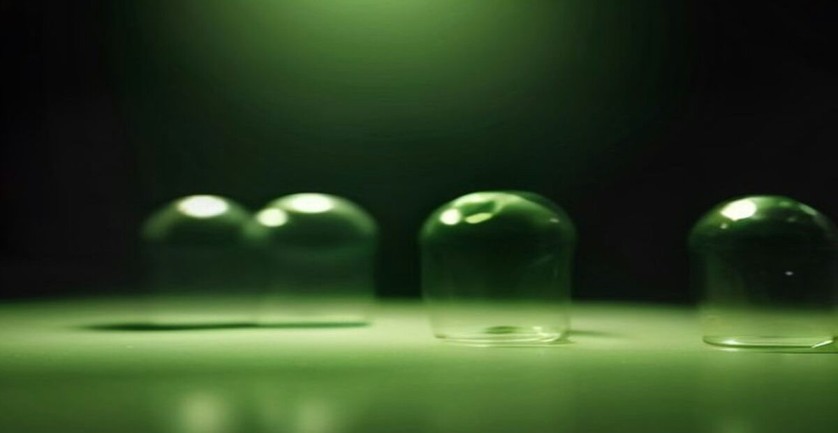 Cápsulas de vidrio transparentes sobre una mesa bajo luz verde tenue