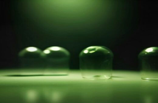 Cápsulas de vidrio transparentes sobre una mesa bajo luz verde tenue