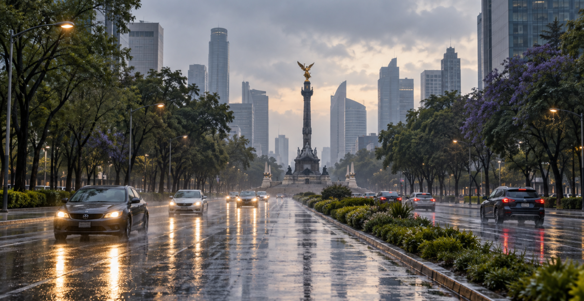 Ilustración editorial de autos en Paseo de la Reforma, Ciudad de México, bajo lluvia ligera al amanecer.