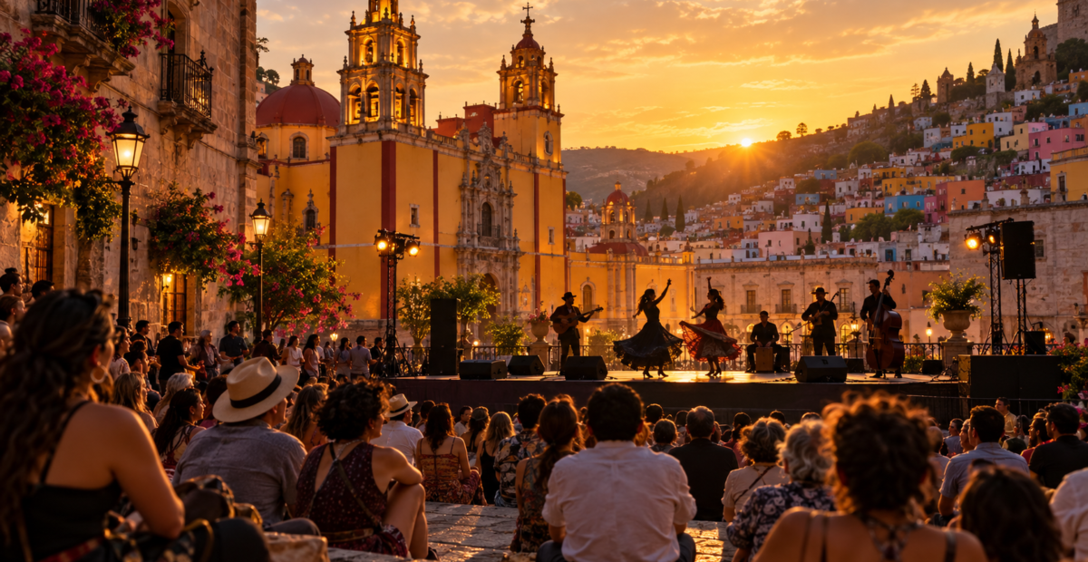 Ilustración editorial de una plaza de Guanajuato al atardecer durante una presentación cultural al aire libre.