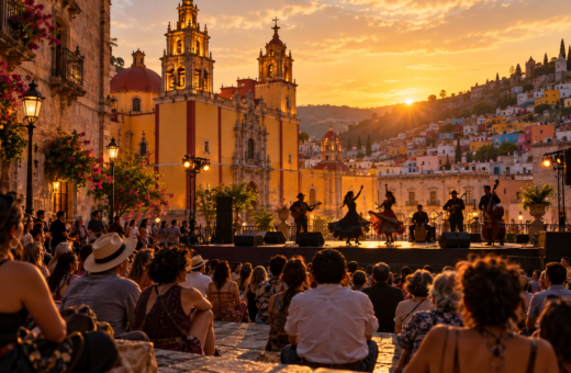 Ilustración editorial de una plaza de Guanajuato al atardecer durante una presentación cultural al aire libre.