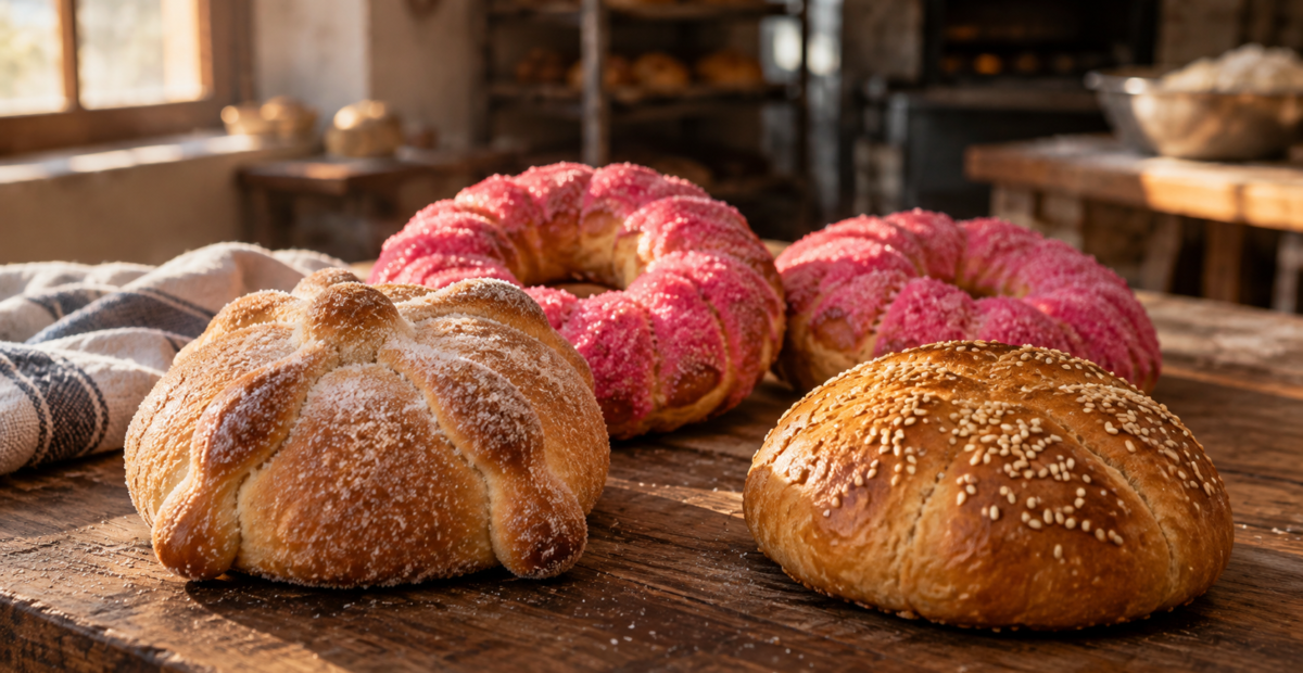 Pan redondo con canillas de masa, roscas azucaradas rosas y pan de yema sobre una mesa; ilustración generada con IA.