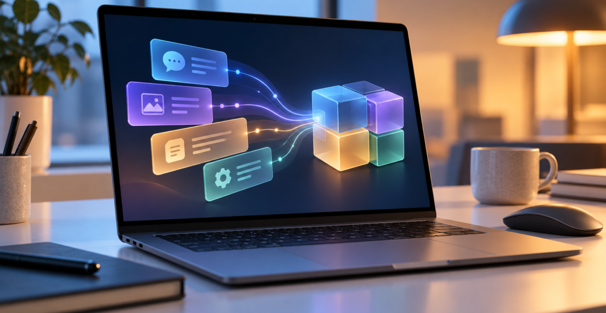 Laptop con tarjetas digitales que se transforman en módulos conectados, una ilustración sobre la migración de asistentes de IA.