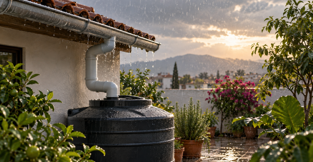 Techo de vivienda mexicana con tanque cerrado para captar agua de lluvia, una medida de preparación doméstica.