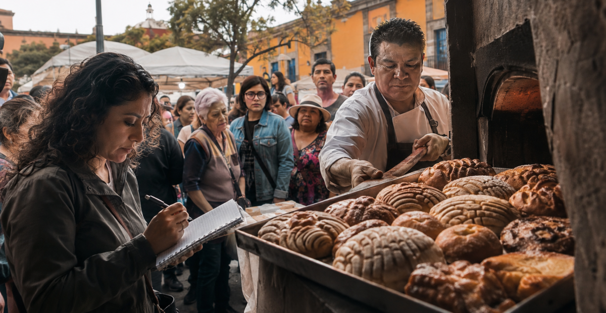 Personas y panaderos en el Festival del Pan Dulce Mexicano en Coyoacán, con una charola de panes recién horneados y una investigadora tomando notas