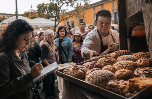 Personas y panaderos en el Festival del Pan Dulce Mexicano en Coyoacán, con una charola de panes recién horneados y una investigadora tomando notas