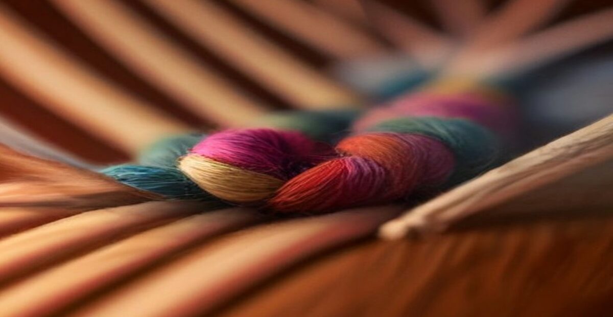 Madejas de estambre de varios colores entrelazadas sobre una superficie de madera, en primer plano