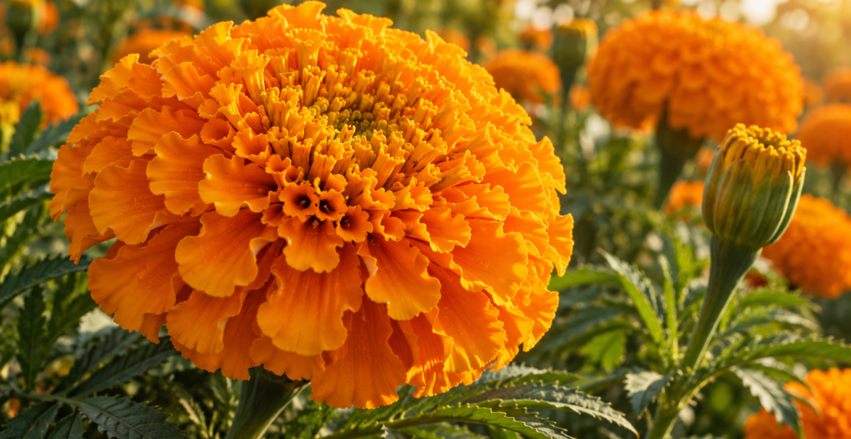 Ilustración de una cabezuela naranja de cempasúchil, con flores pequeñas agrupadas y hojas verdes al fondo.