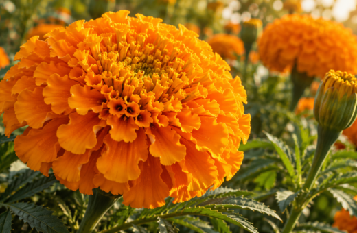 Ilustración de una cabezuela naranja de cempasúchil, con flores pequeñas agrupadas y hojas verdes al fondo.