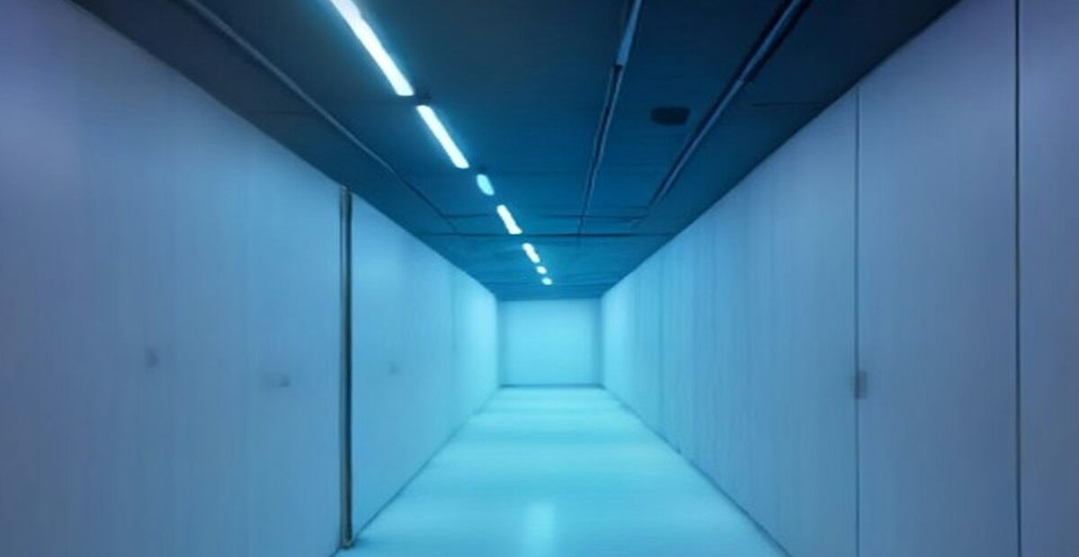 Pasillo largo y vacío de paredes claras iluminado por lámparas lineales de luz azul en el techo