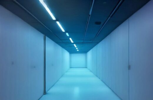 Pasillo largo y vacío de paredes claras iluminado por lámparas lineales de luz azul en el techo