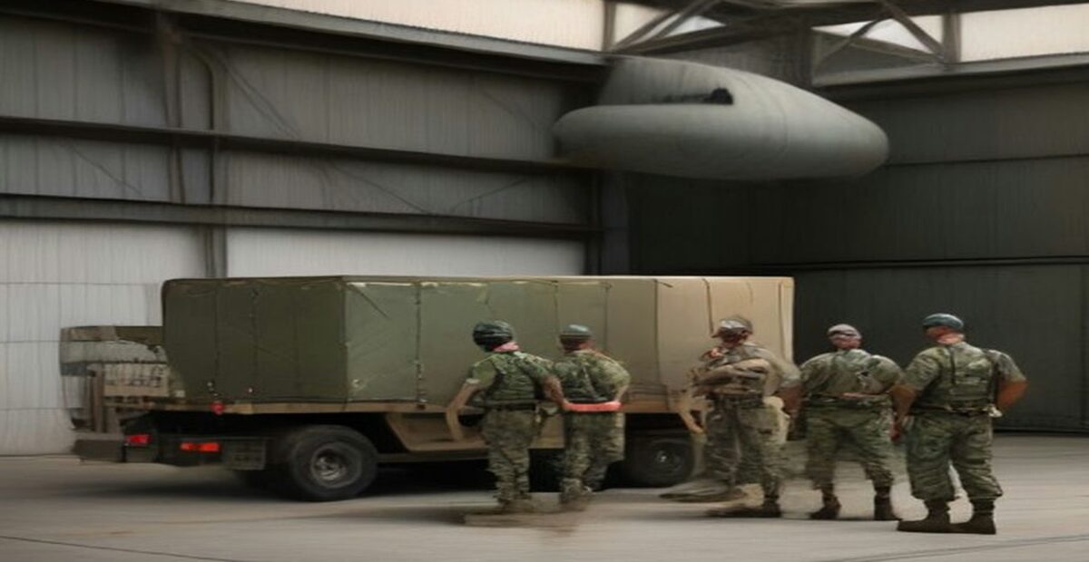 Soldados con uniforme verde olivo junto a un camión militar de carga dentro de un hangar