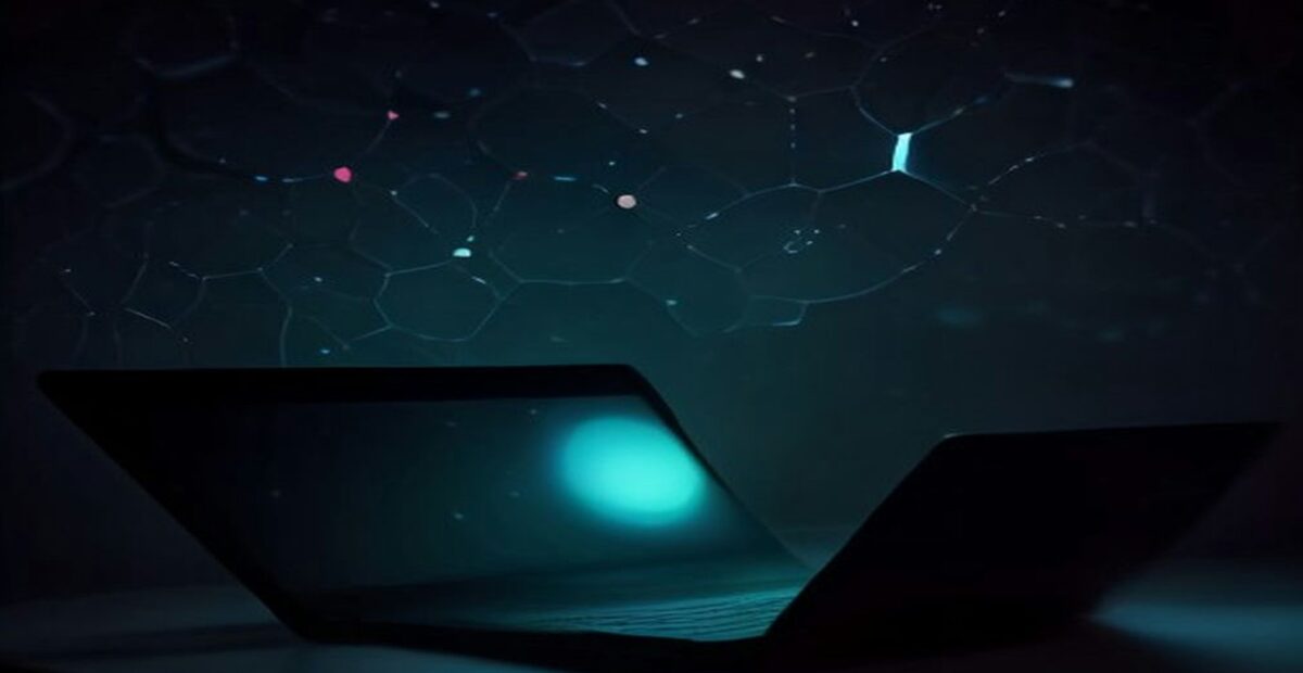 Computadora portátil abierta en una habitación oscura con la pantalla iluminada en azul y una red de puntos y líneas brillantes al fondo