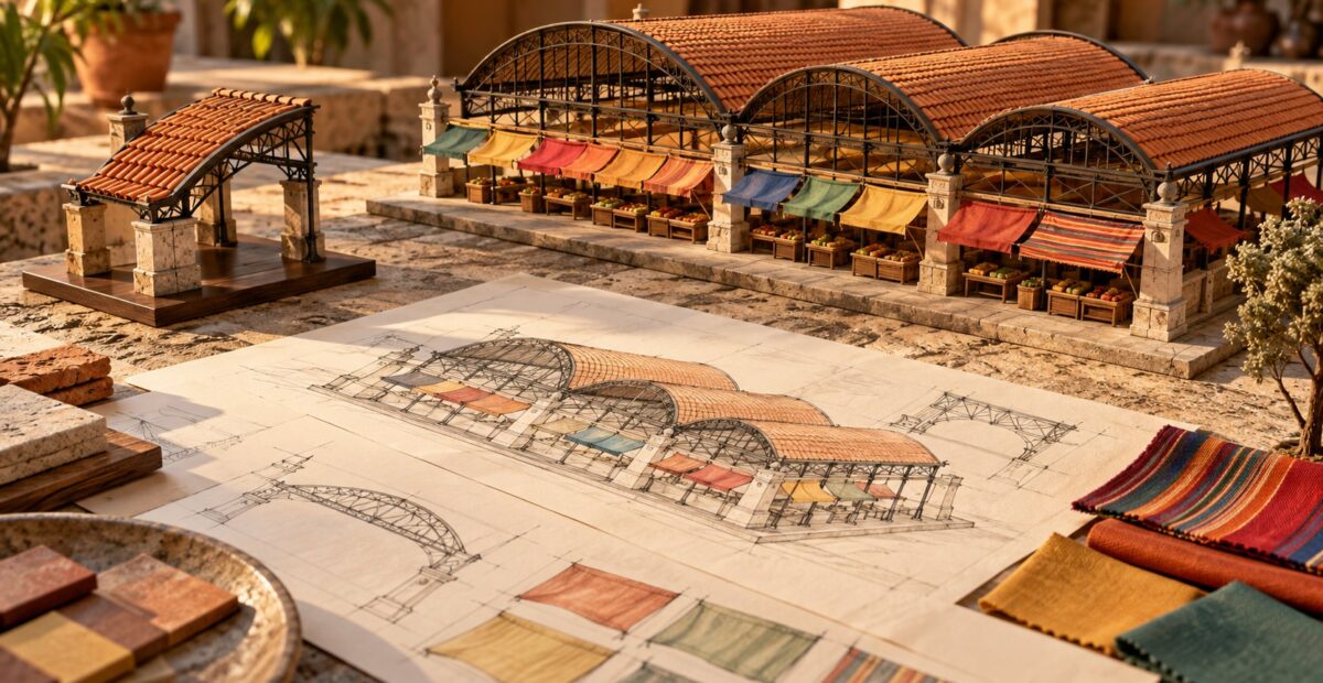 Maqueta de un mercado y planos sin texto como concepto de conservación patrimonial.