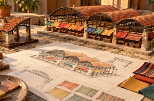Maqueta de un mercado y planos sin texto como concepto de conservación patrimonial.