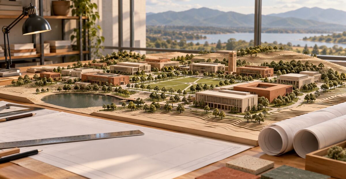 Maqueta conceptual de un campus universitario junto a planos sin texto.