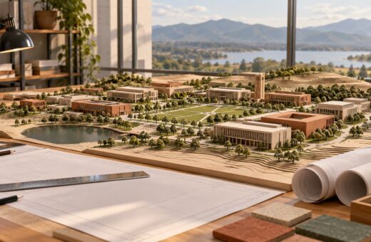 Maqueta conceptual de un campus universitario junto a planos sin texto.
