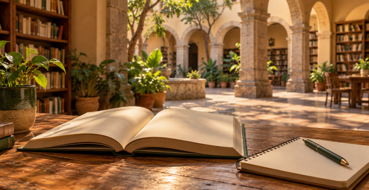 Ilustración conceptual de un libro abierto y una libreta sobre una mesa, con un patio y estanterías al fondo.