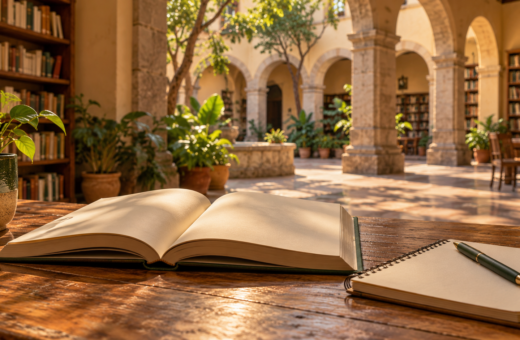 Ilustración conceptual de un libro abierto y una libreta sobre una mesa, con un patio y estanterías al fondo.