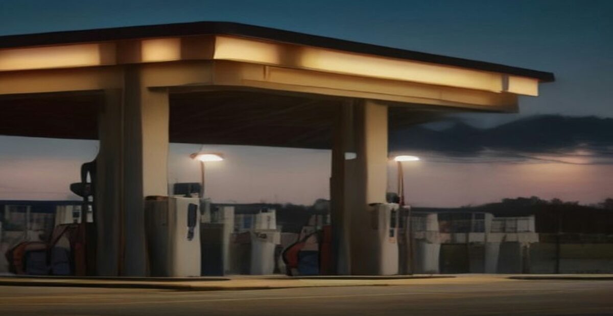 Bombas despachadoras de combustible con mangueras en una estación de servicio al atardecer