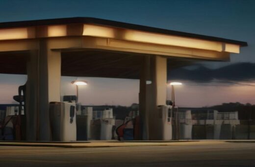 Bombas despachadoras de combustible con mangueras en una estación de servicio al atardecer