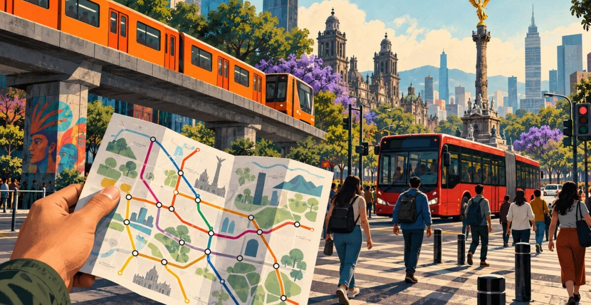 Ilustración conceptual de transporte público, peatones y un plano de recorrido en Ciudad de México.