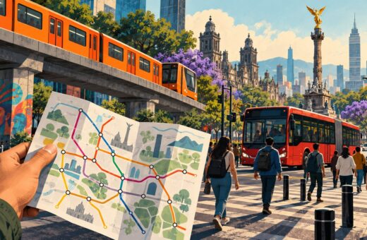 Ilustración conceptual de transporte público, peatones y un plano de recorrido en Ciudad de México.