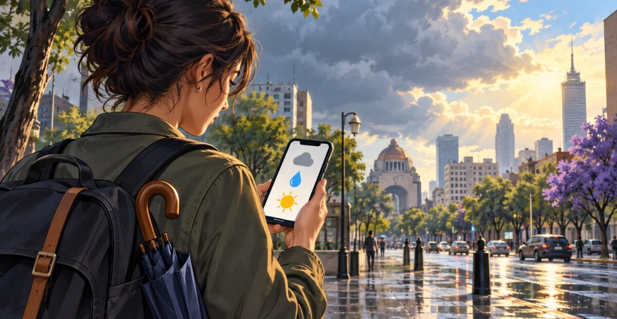Ilustración de una persona consultando iconos del tiempo en su teléfono antes de caminar por una calle de Ciudad de México.