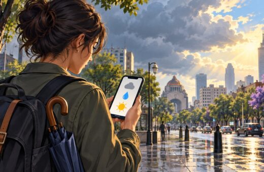 Ilustración de una persona consultando iconos del tiempo en su teléfono antes de caminar por una calle de Ciudad de México.
