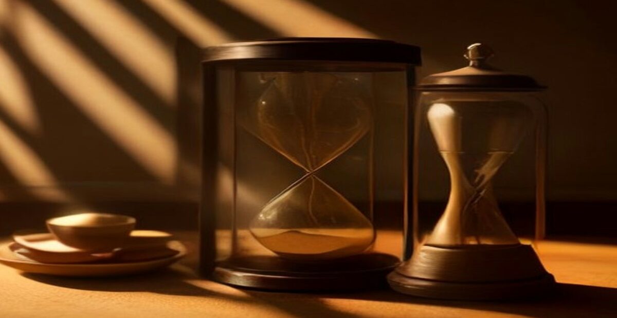 Dos relojes de arena y una taza sobre una mesa de madera con luz lateral