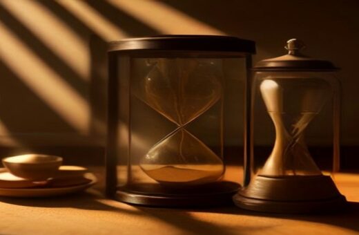 Dos relojes de arena y una taza sobre una mesa de madera con luz lateral